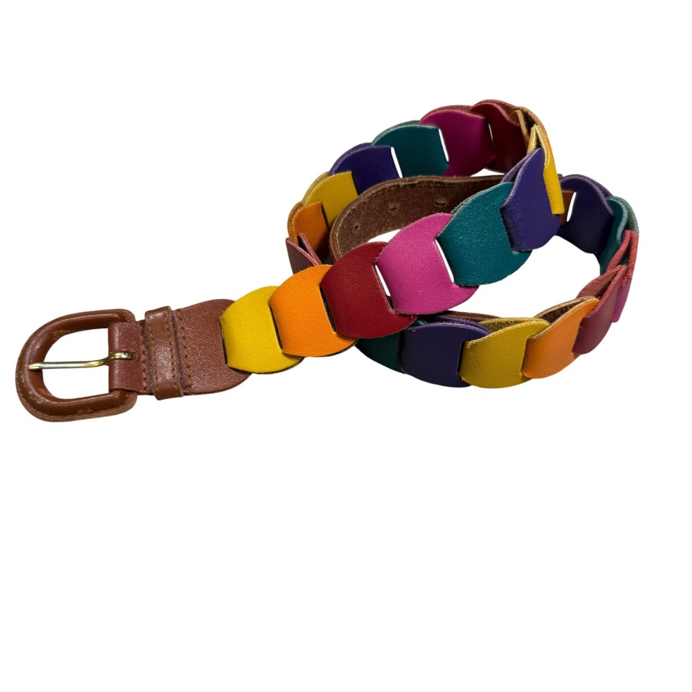 Vintage Rainbow Scalloped Link Genuine Leather Belt Whimsical Funky Multicolor M